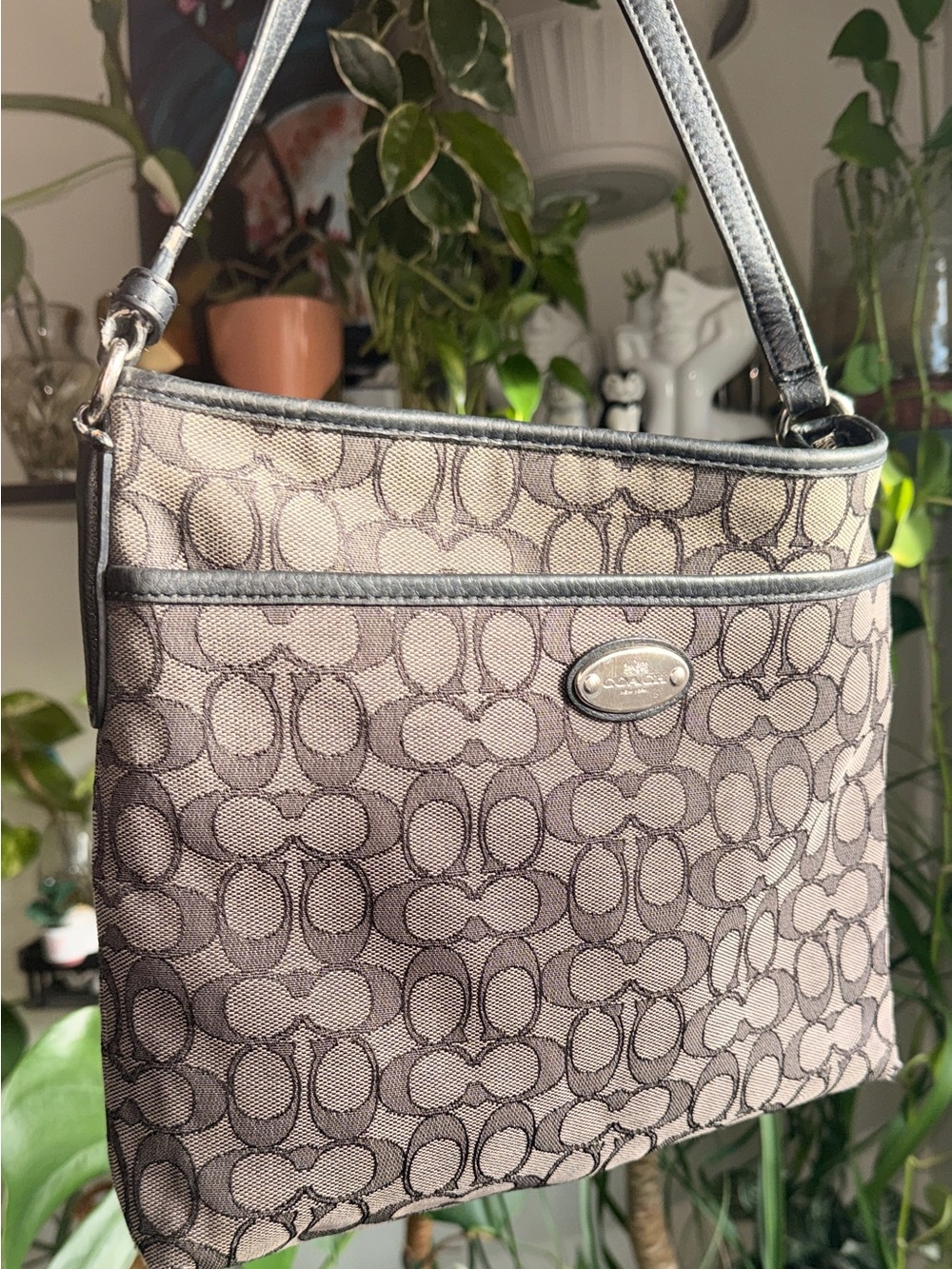 Coach Black/Gray Signature Canvas Shoulder with a certificate of authenticity